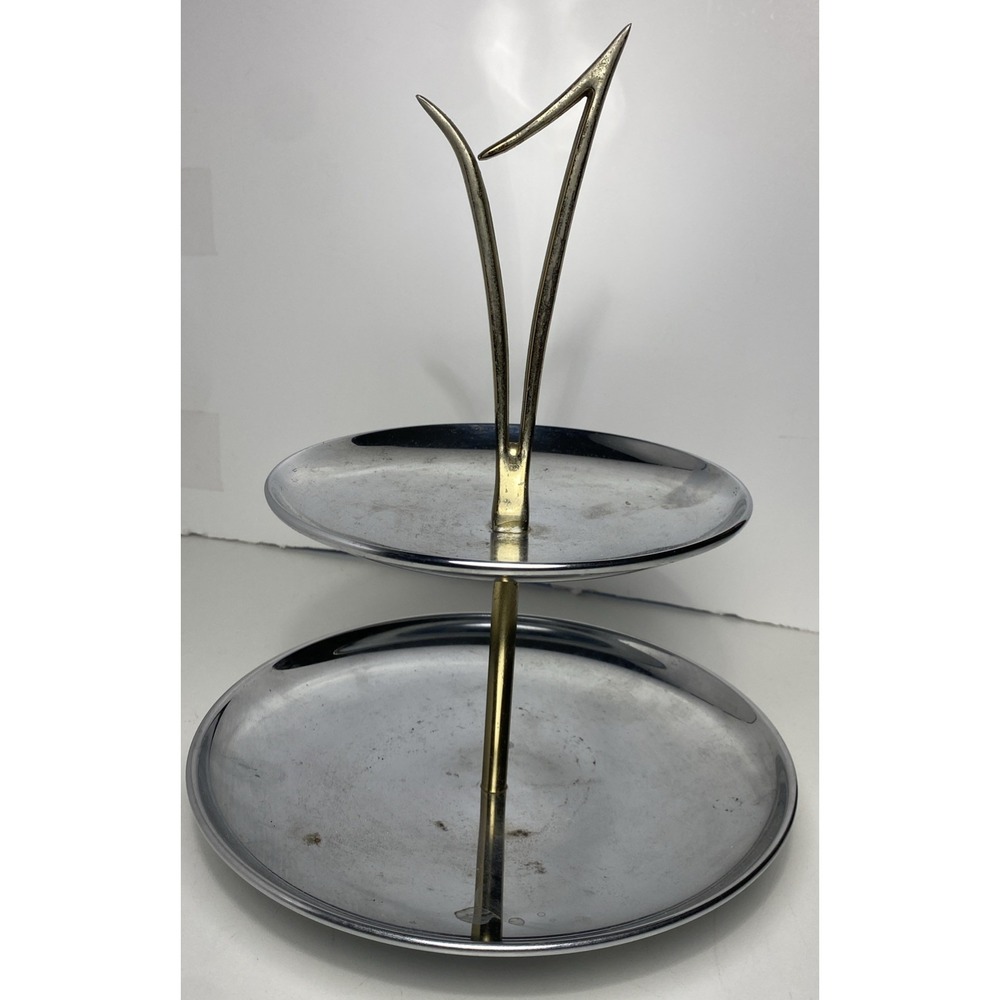 Vintage Kromex MCM 2 Serving Trays two tier Atomic Chrome and Brass